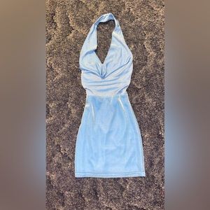 Blue Glitter Backless Halter Mini Homecoming Prom Dress